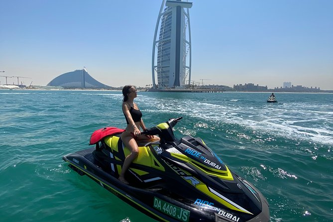 30mins Burj Al Arab Jetski Tour - Safety gear, water, and the two-seater setup