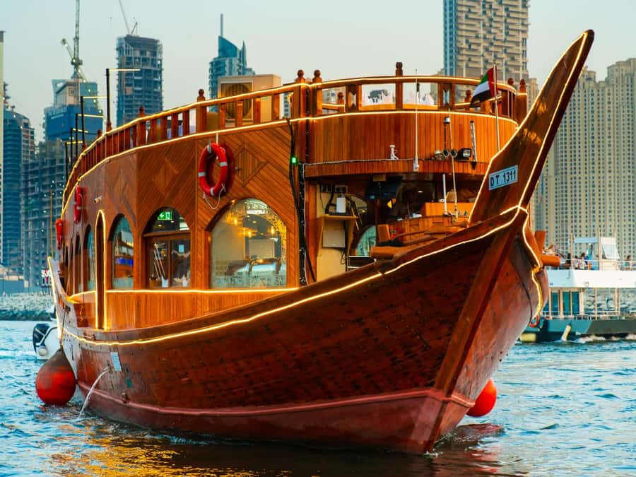 Best 5-Star Dhow Dinner Cruise Dubai Marina Jack Sparrow - JBR, Bluewaters, and Ain Dubai after dark