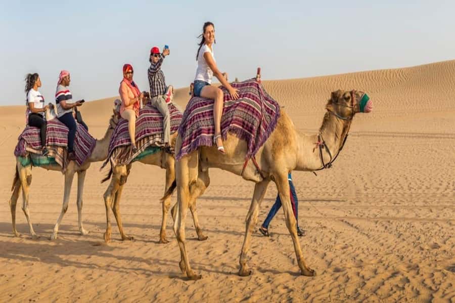 Dubai: Desert Safari Camel Riding, Sandboarding & BBQ Dinner - From Dubai hotel pickup to the open dunes