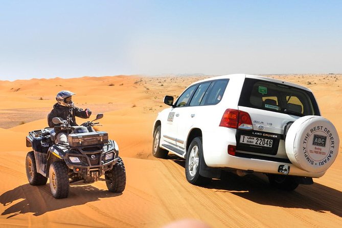 Dubai Desert Safari Dune Bashing, 60min ATV Quad, Camel Ride, BBQ - From Dubai hotel to the Lahbab dunes