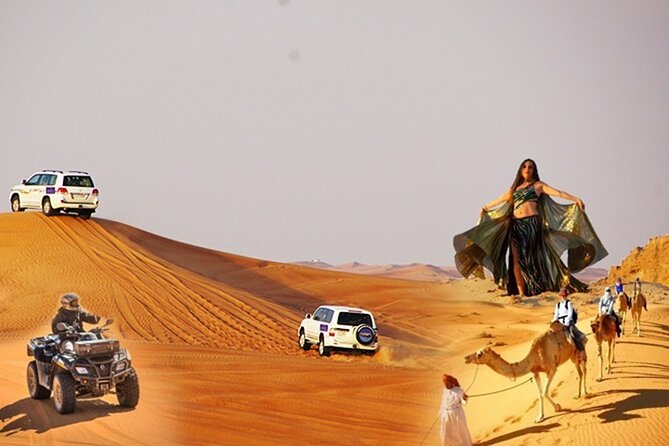 Dubai Desert Safari Dune Bashing, 60min ATV Quad, Camel Ride, BBQ - BBQ dinner, Arabic sweets, and four live shows