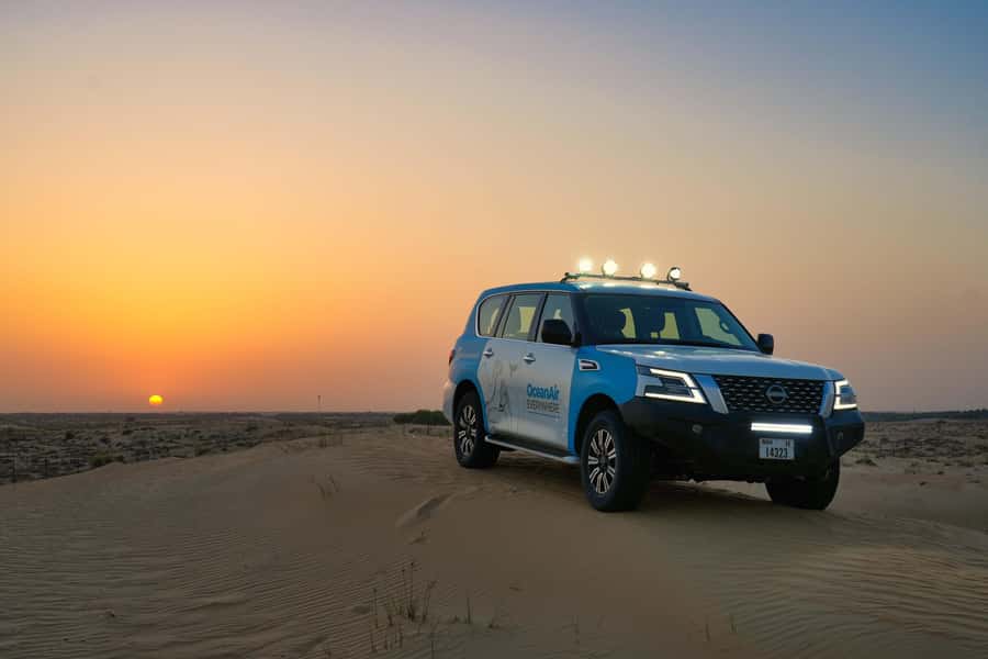 Dubai: Evening Desert Safari with Camel Ride & Stargazing - Red Dunes, sunset light, and the first wildlife search