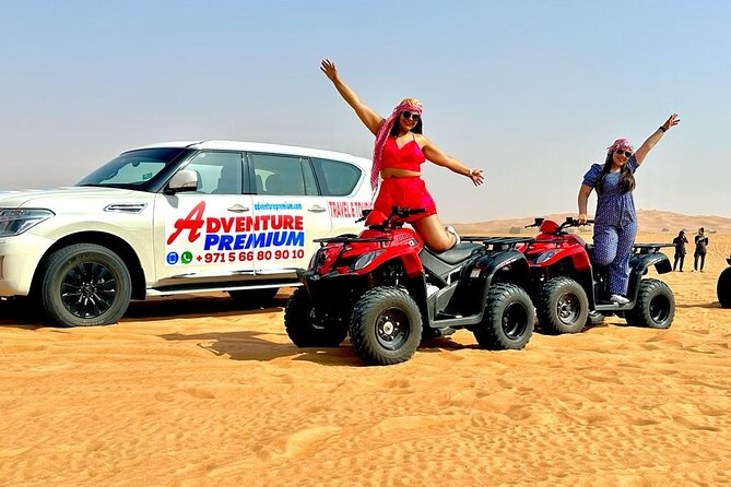 Dubai Premium Red Dunes, Quad Bike, Camel Ride, Sand Surfing & 5<em> BBQ – Key points at a glance’ /></p>
<ul>
<li><strong>Lahbab’s red dunes:</strong> The safari travels about 45 to 60 minutes from Dubai to the red desert near Lahbab, where the sand gives you the bold colors most visitors hope to see.</li>
<li><strong>30 to 45 minutes of dune bashing:</strong> This is longer than a quick photo stop, though the ride can feel rough if you are sensitive to motion.</li>
<li><strong>Many activities in one afternoon:</strong> Quad biking, camel riding, sandboarding, henna, falcon photos, shisha, tea, coffee, and desert entertainment are all part of the program.</li>
<li><strong>A full evening camp program:</strong> BBQ food, vegetarian choices, dates, gaymat sweets, Tanoura dancing, a fire show, music, and stargazing fill out the night.</li>
<li><strong>Good value at $59:</strong> The price covers transport and a large bundle of activities, but long waits can reduce the value.</li>
<li><strong>Important service warning:</strong> Some outings received top marks for helpful drivers, while others involved serious pickup and communication failures.</li>
</ul>
<h2 id="why-lahbab-is-the-right-setting-for-a-desert-safari">Why Lahbab is the right setting for a desert safari</h2>
<p> BBQ – Why Lahbab is the right setting for a desert safari’ /></p>
<p><p>Dubai’s desert is not one uniform stretch of beige sand. Near Lahbab, the dunes are known for their stronger red color, created by iron-rich sand. The drive takes roughly 45 to 60 minutes from Dubai, so the safari uses a good part of the afternoon simply reaching the open desert.</p>
</p>
<p><p>That distance is part of the appeal. Once the city disappears, the setting feels far more open and dramatic. You get broad slopes, sharp ridgelines, and clean views for photographs. The supplied schedule lists Lahbab as the largest desert area nearby, though the important point for you is simpler: this is the red-dune setting that gives the experience its visual punch.</p>
</p>
<p><p>Pickup begins around 2:30 p.m. in a 4×4 vehicle. The exact pickup time can vary because the operator collects people from different parts of Dubai. I would keep the afternoon clear and avoid booking another fixed activity close to the start time.</p>
</p>
<p><p>The drive itself is practical rather than scenic in the classic sightseeing sense. You are being taken to the activity zone, not guided through historic Dubai. Still, the change from towers and roads to open sand is a useful part of the day.</p>
</p>
<div class="twil" style="margin: 20px 0; padding: 15px 0;"><p>More red dune safaris in Dubai:</p><ul style="margin: 10px 0; padding-left: 0; list-style: none;"><li style="margin: 0 0 12px 0; padding: 0 0 12px 0; border-bottom: 1px solid #eee; line-height: 1.4;"><a href="https://uaetravelreviews.com/dubai-red-dune-safari-quad-bike-camel-ride-bbq-dinner/">Dubai: Red Dune Safari, Quad Bike, Camel Ride, BBQ Dinner</a><br><span style="font-size: 0.82em; color: #555;"><span style="color: #A87A00;">★</span> 4.9 &nbsp;&middot;&nbsp; 32,185 reviews</span></li><li style="margin: 0 0 12px 0; padding: 0 0 12px 0; border-bottom: 1px solid #eee; line-height: 1.4;"><a href="https://uaetravelreviews.com/dubai-red-dunes-atv-camels-stargazing-5-bbq-al-khayma-camp/">Dubai Red Dunes ATV, Camels, Stargazing & 5* BBQ Al Khayma Camp</a><br><span style="font-size: 0.82em; color: #555;"><span style="color: #A87A00;">★</span> 5.0 &nbsp;&middot;&nbsp; 21,620 reviews</span></li><li style="margin: 0; padding: 0; border-bottom: none; line-height: 1.4;"><a href="https://uaetravelreviews.com/dubai-premium-red-dunes-safari-camels-5-bbq-at-al-khayma-camp/">Dubai Premium Red Dunes Safari, Camels & 5* BBQ at Al Khayma camp</a><br><span style="font-size: 0.82em; color: #555;"><span style="color: #A87A00;">★</span> 5.0 &nbsp;&middot;&nbsp; 12,388 reviews</span></li></ul></div><h2 id="the-4x4-ride-and-tire-deflation">The 4×4 ride and tire deflation</h2>
<p><img width="669" height="446" decoding="async" src=