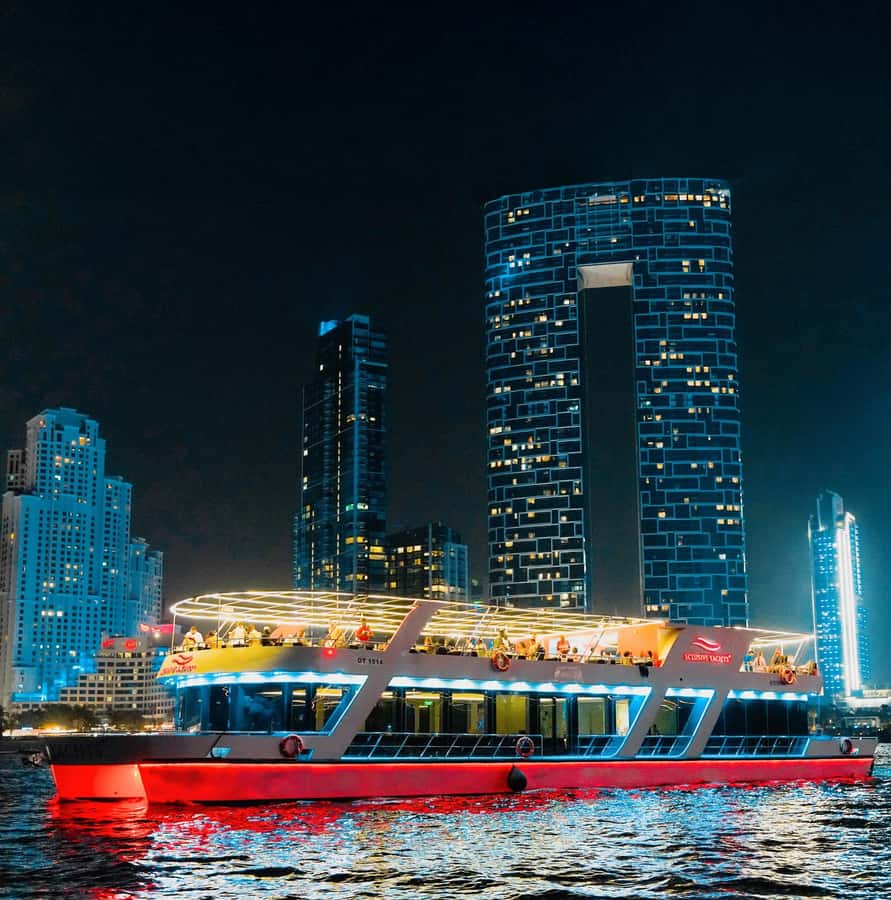 Dubai: Sunset or Dinner Cruise with Live Music & Open Bar - Red-carpet boarding and the two-deck layout